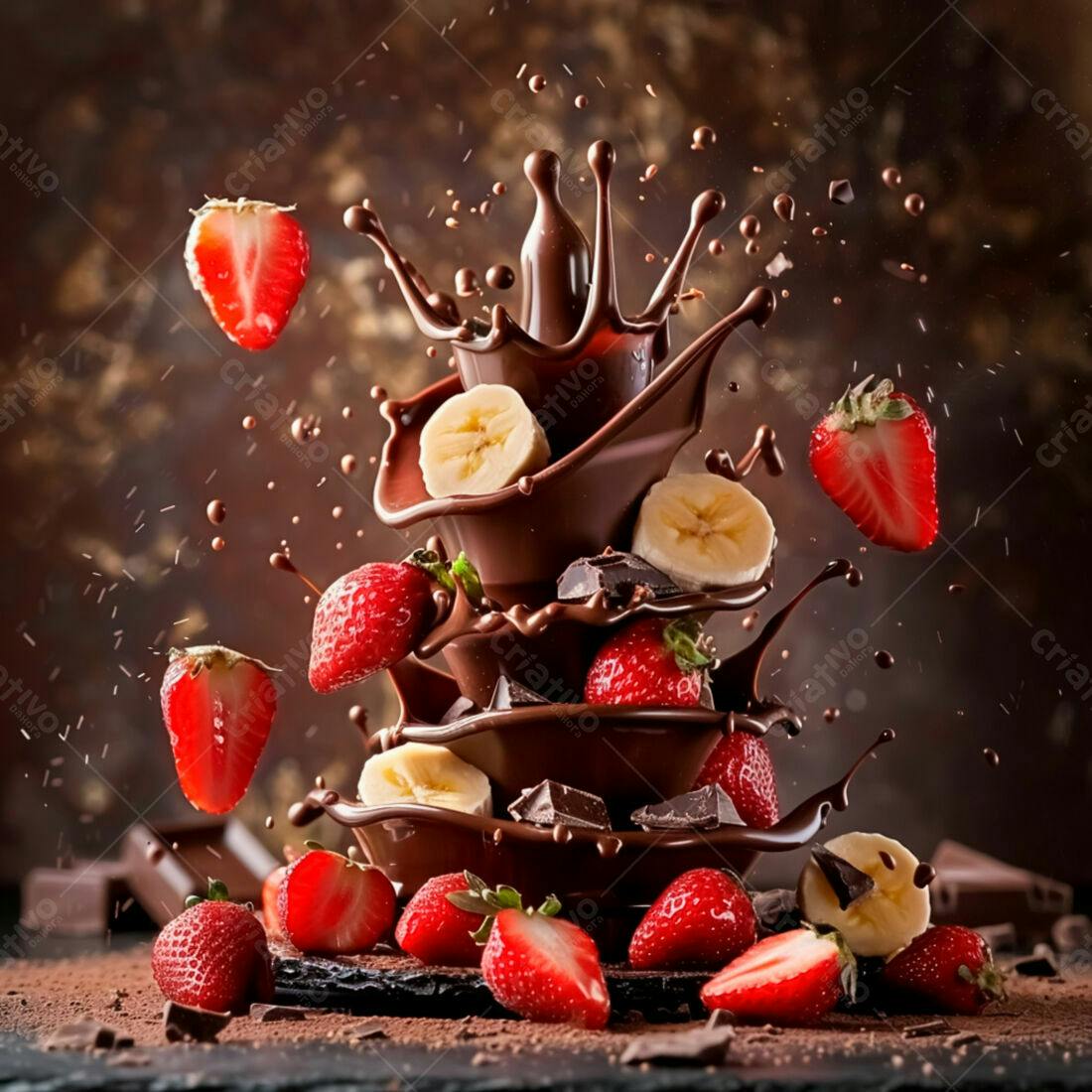 Morangos e bananas em chocolate derretido