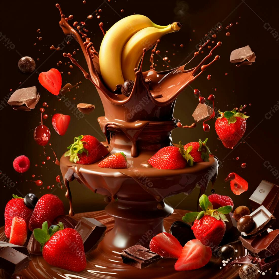 Fonte de chocolate com morangos e bananas