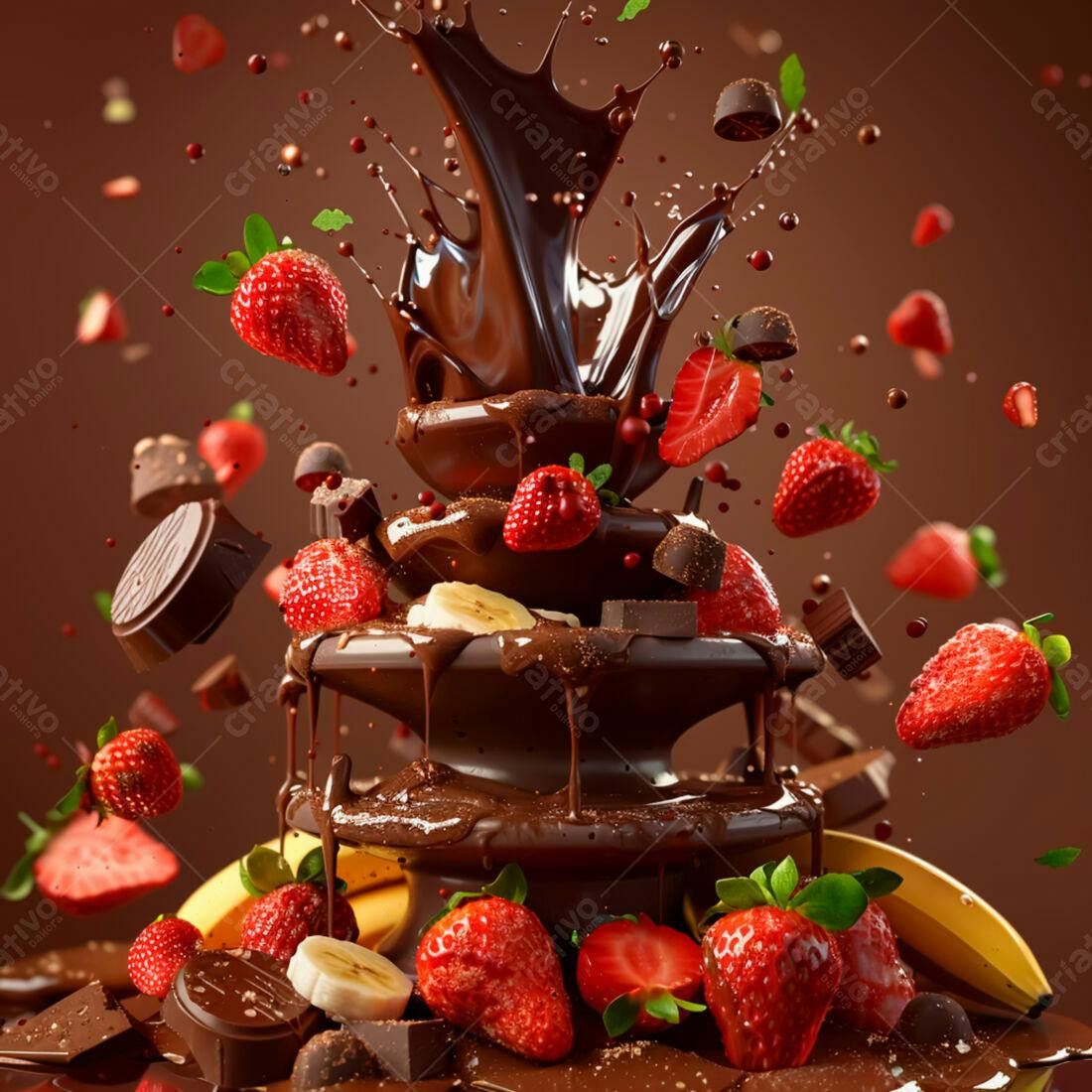Fonte de chocolate com morangos e bananas