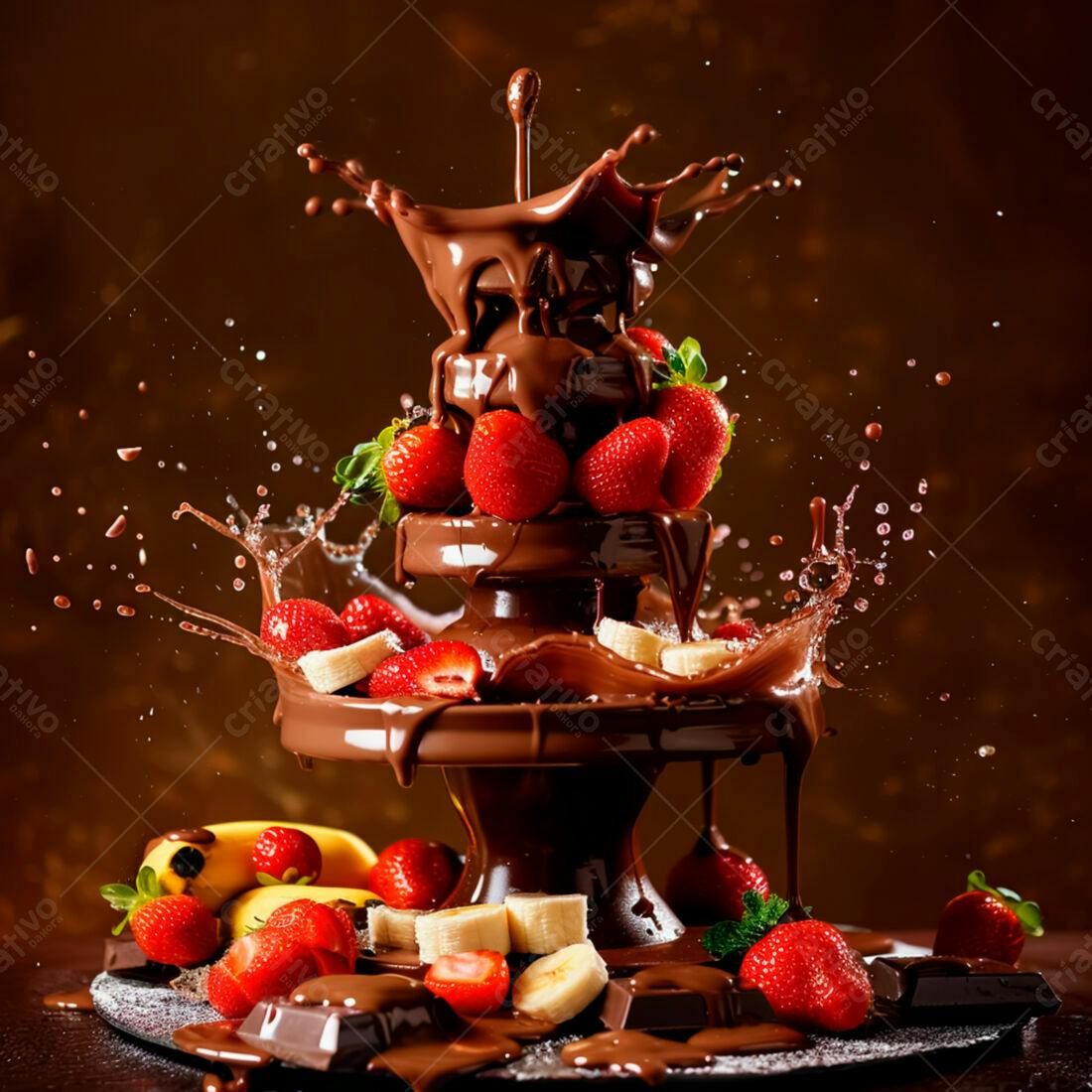 Fonte de chocolate com morangos e bananas