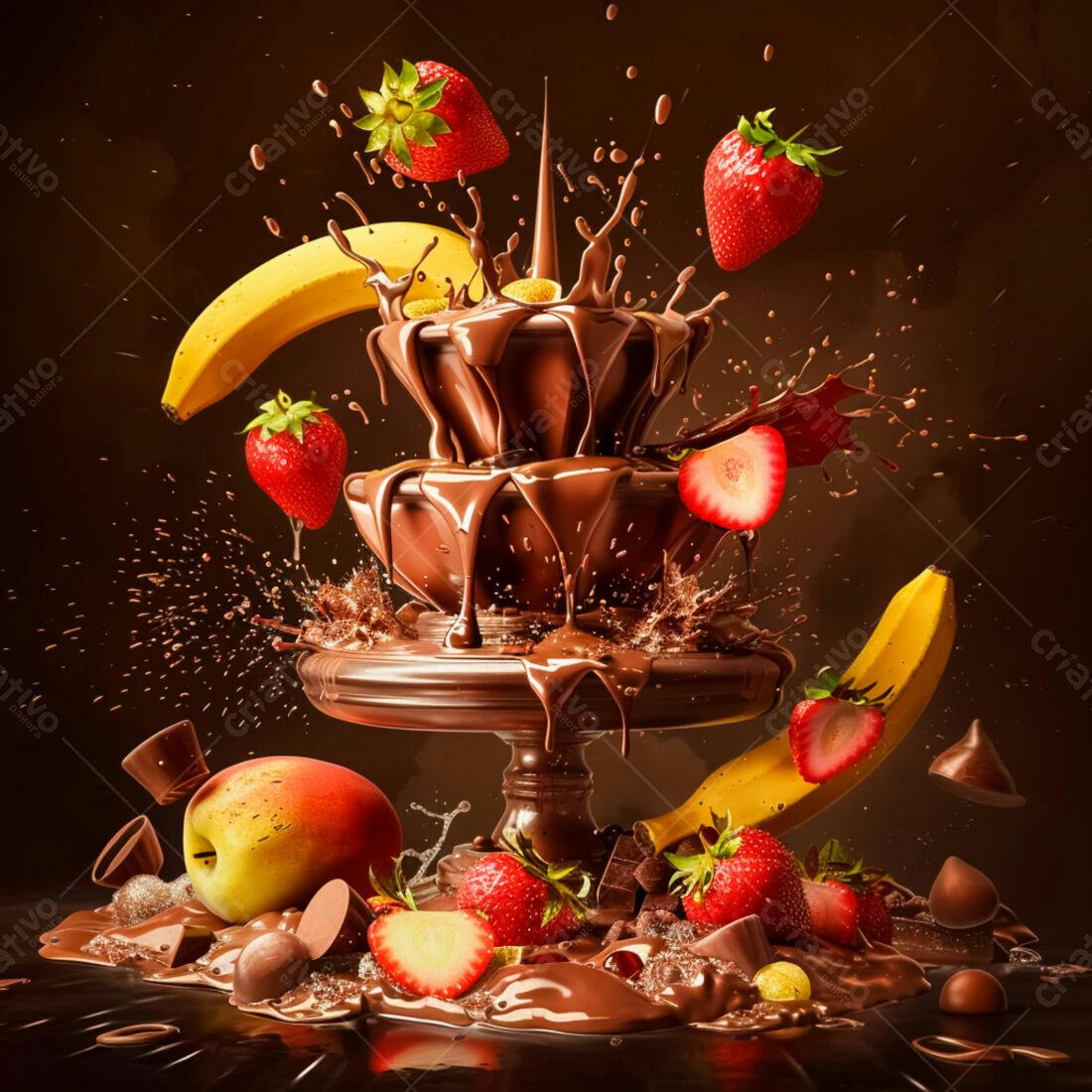 Fonte de chocolate com morangos e bananas