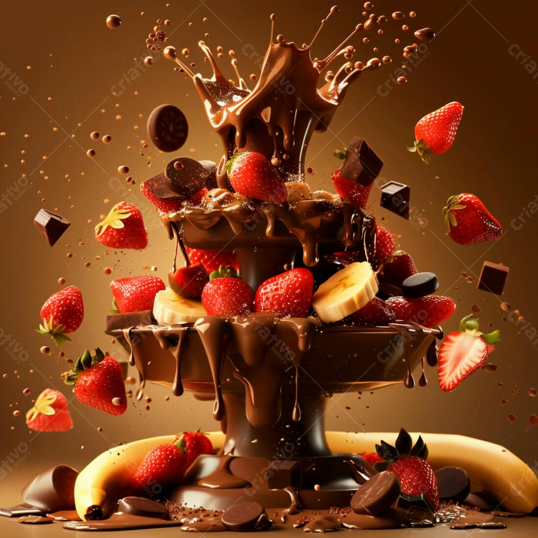 Fonte de chocolate com morangos e bananas