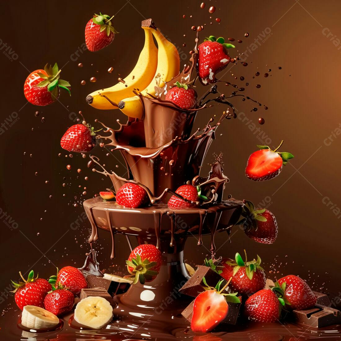 Morangos e bananas em chocolate derretido