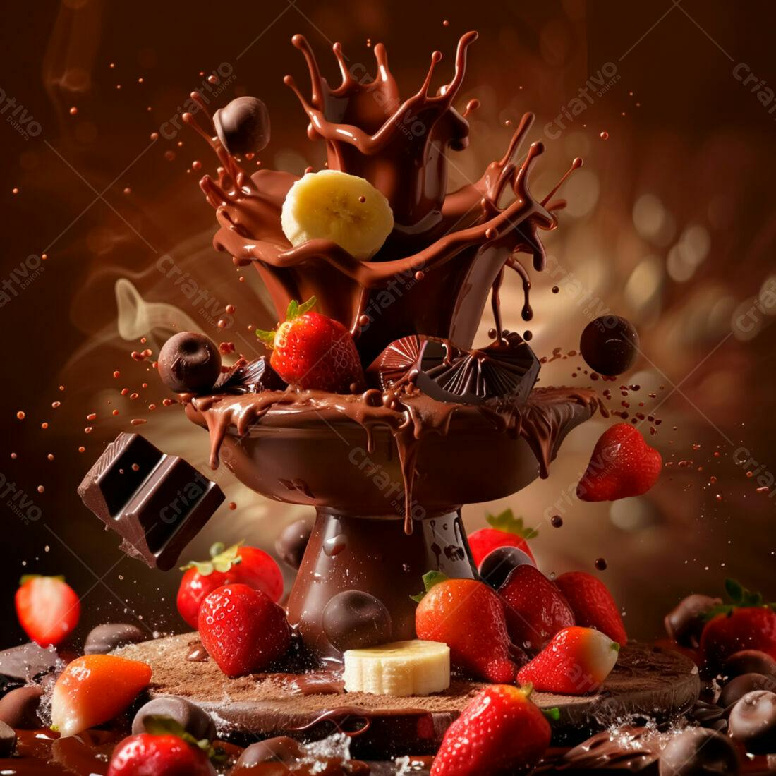 Fonte de chocolate com morangos e banana