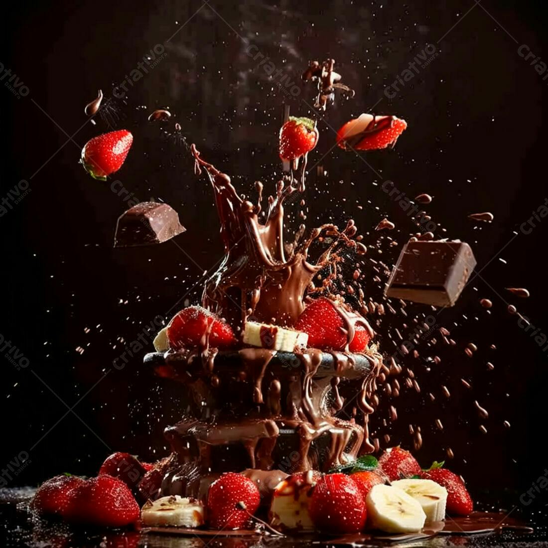 Fonte de chocolate com morangos e bananas