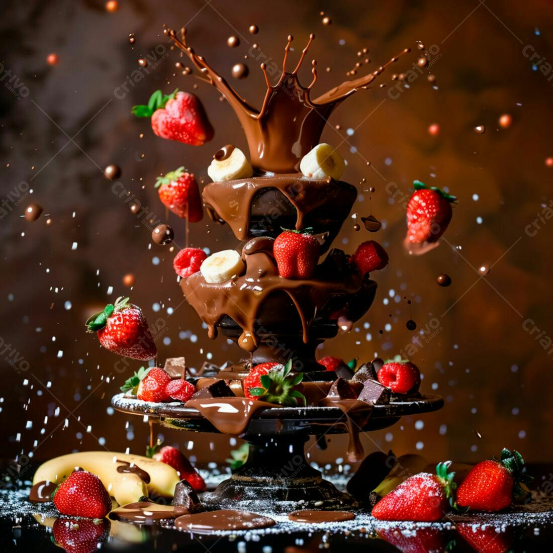 Fonte de chocolate com morangos e bananas