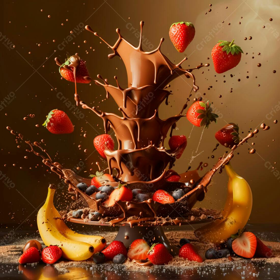 Chocolate derretendo com frutas em movimento