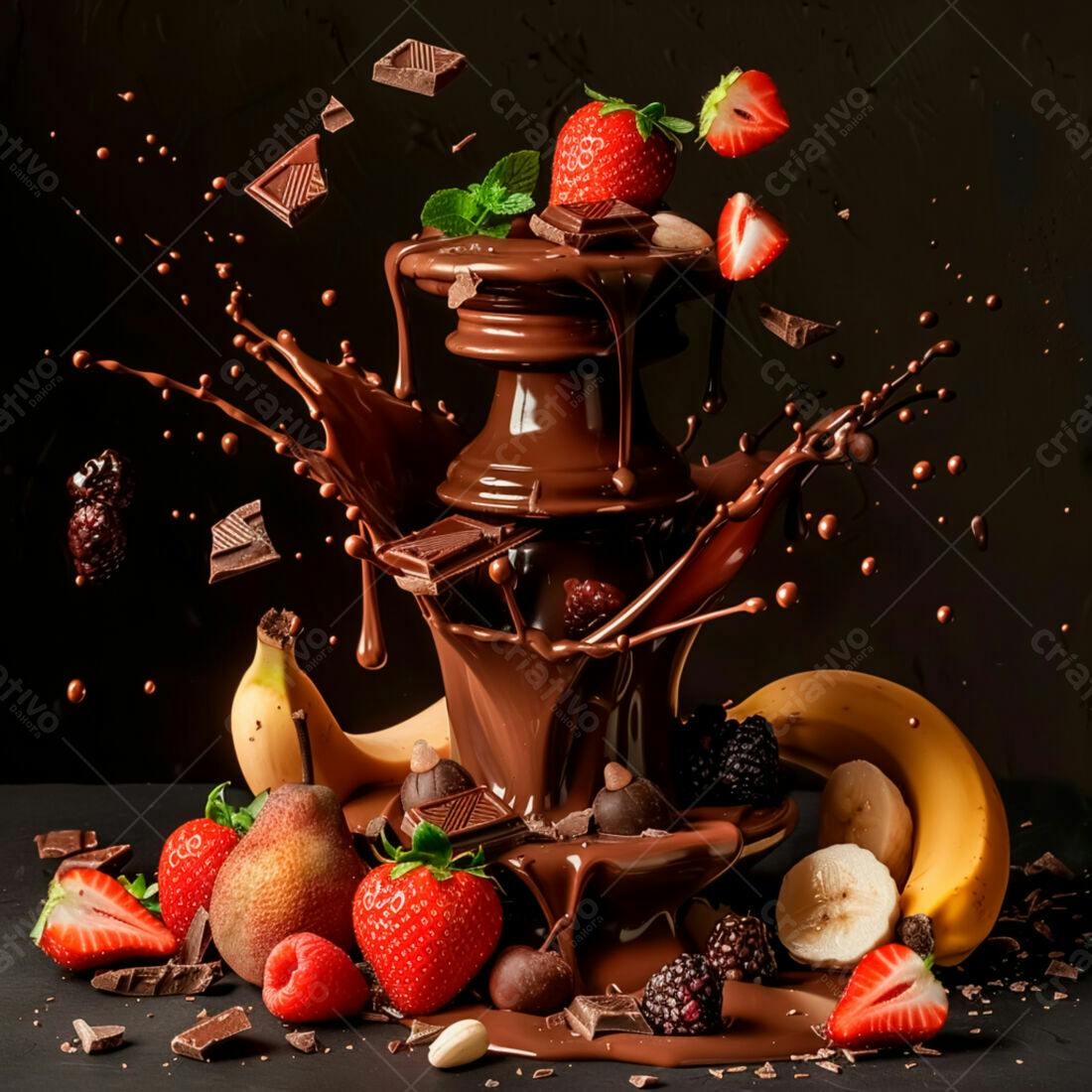 Fonte de chocolate com frutas e doces