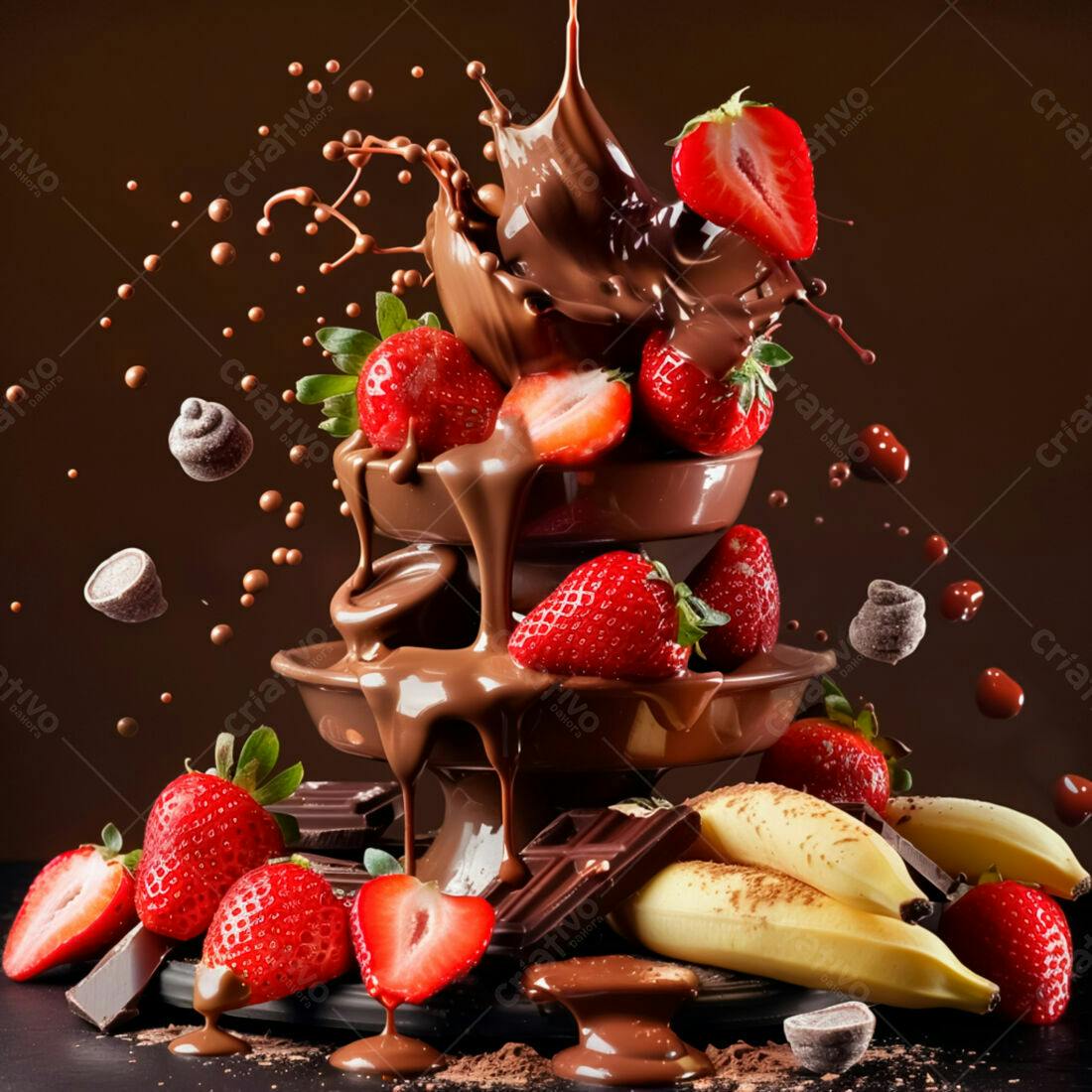 Morangos e Bananas em Chocolate Derretido