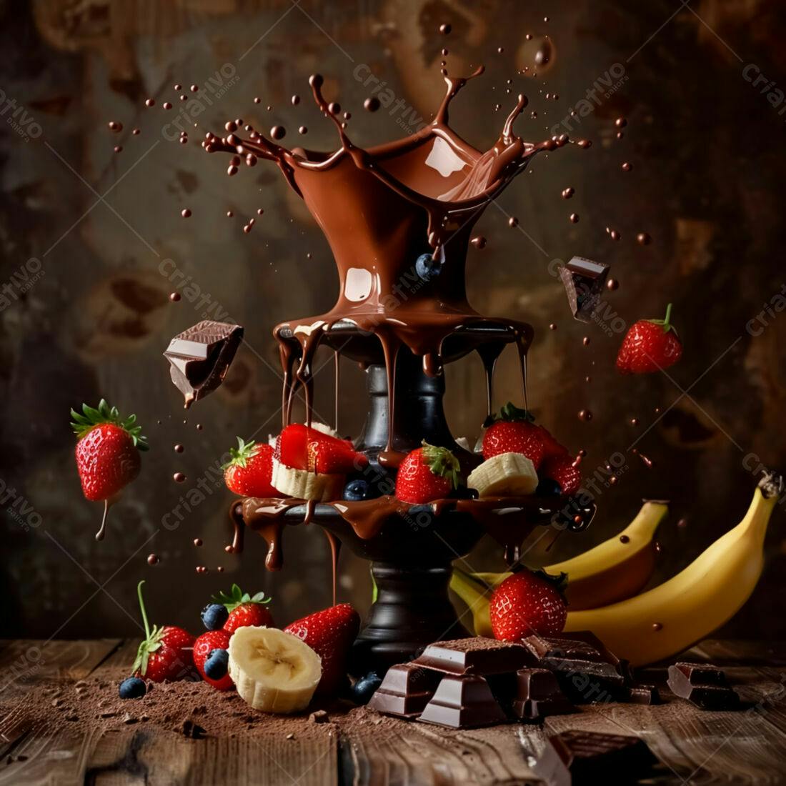 Fonte de chocolate com frutas vermelhas e bananas