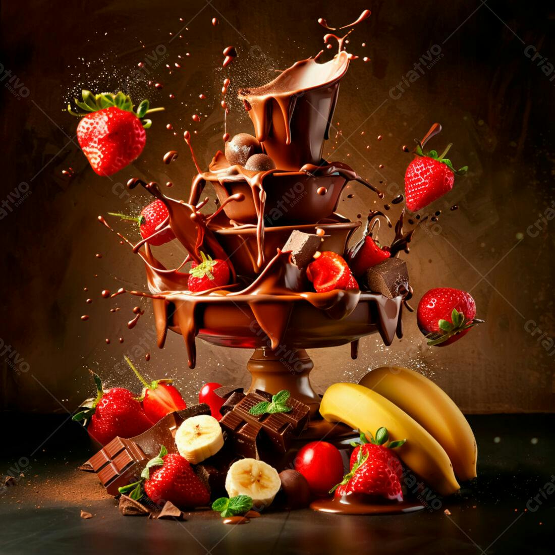 Fonte de chocolate com morangos e bananas