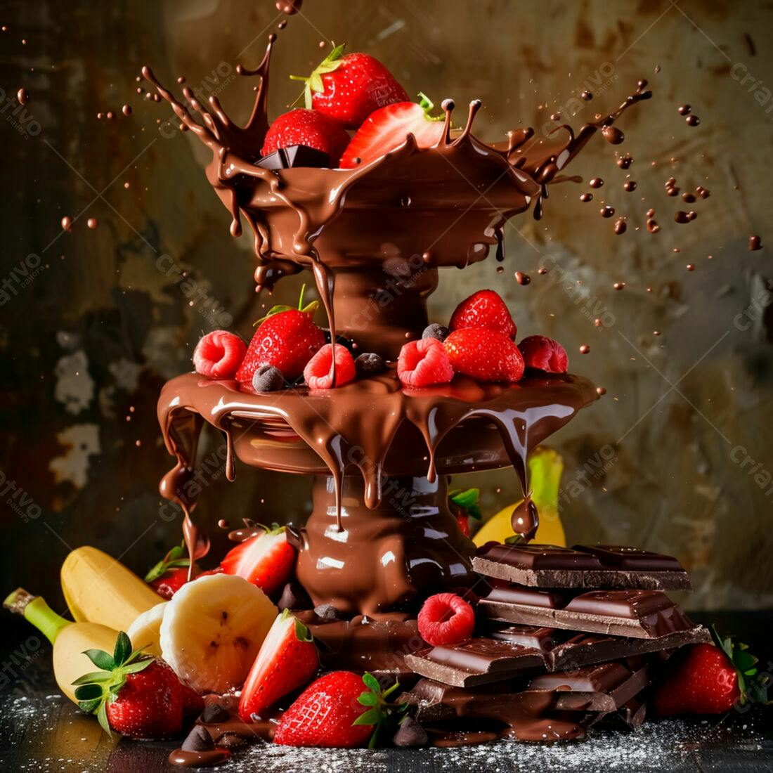 Fonte de chocolate com morangos e framboesas
