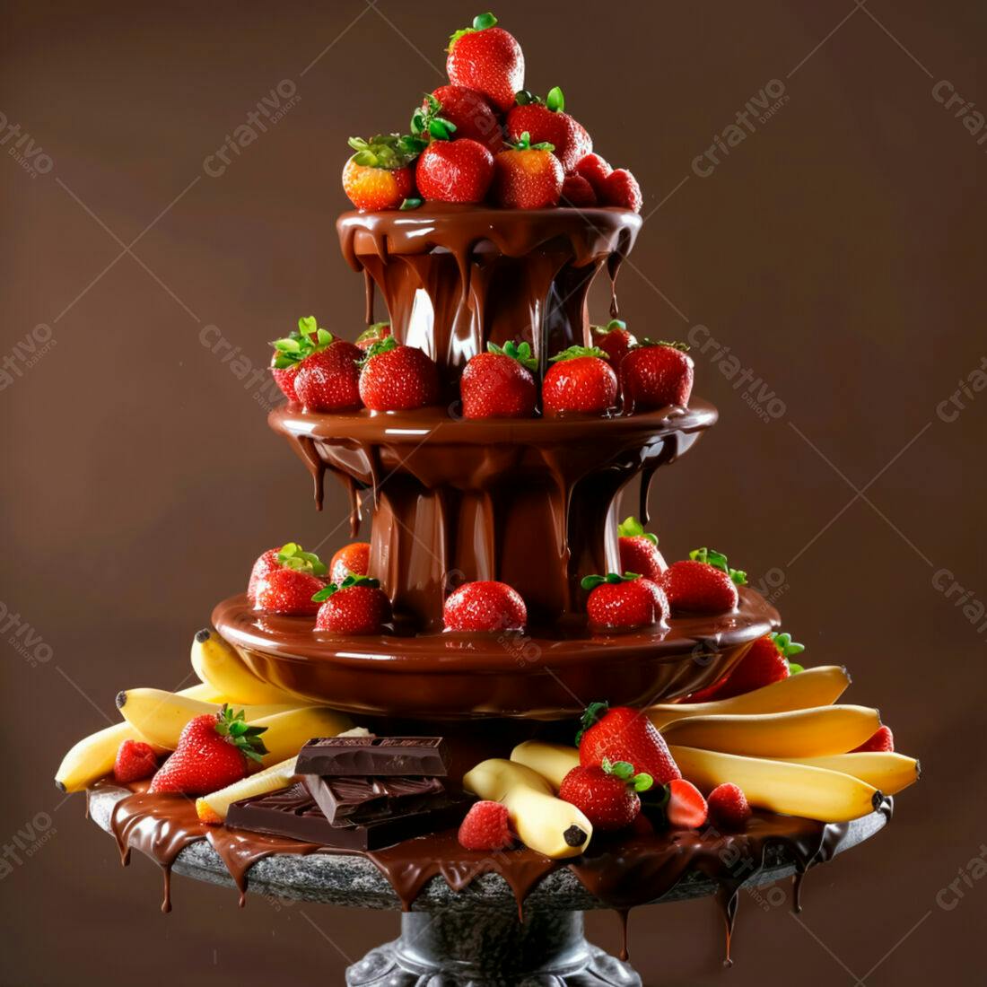 Fonte de chocolate com morangos e bananas