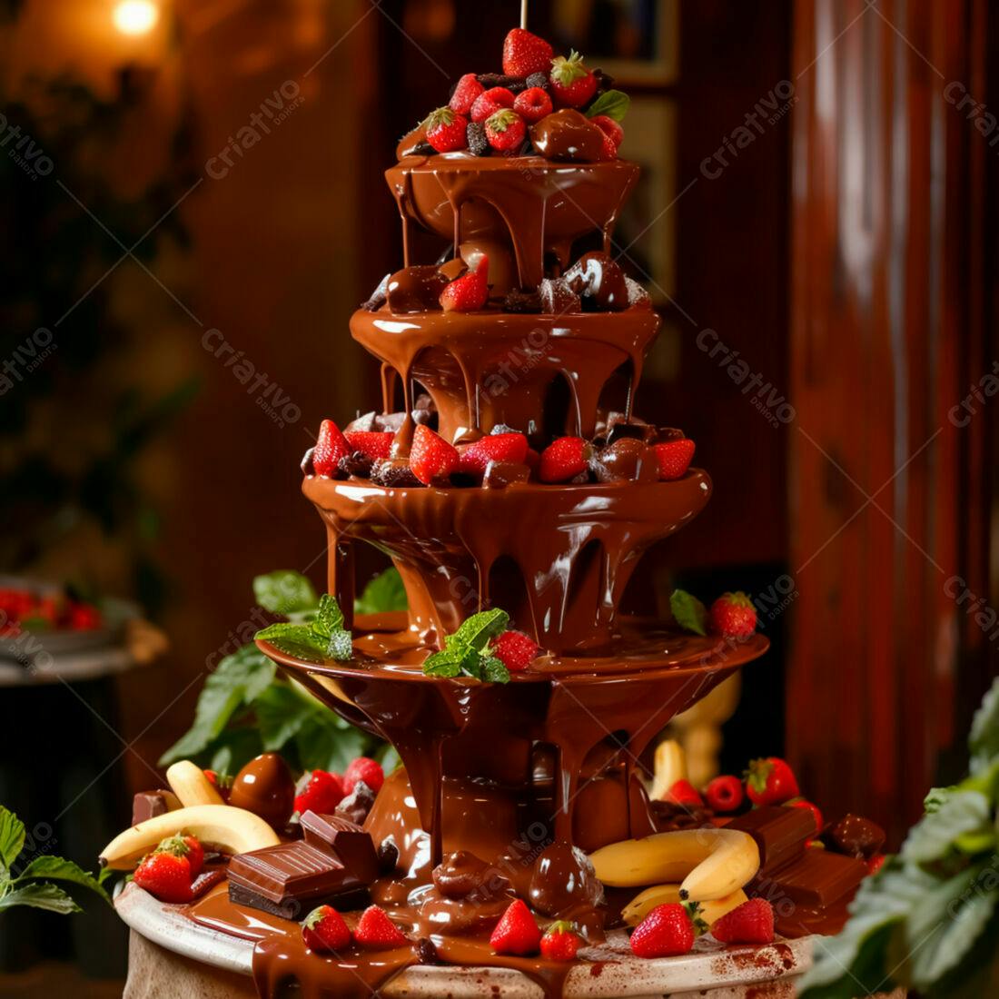 Fonte de chocolate com morangos e bananas