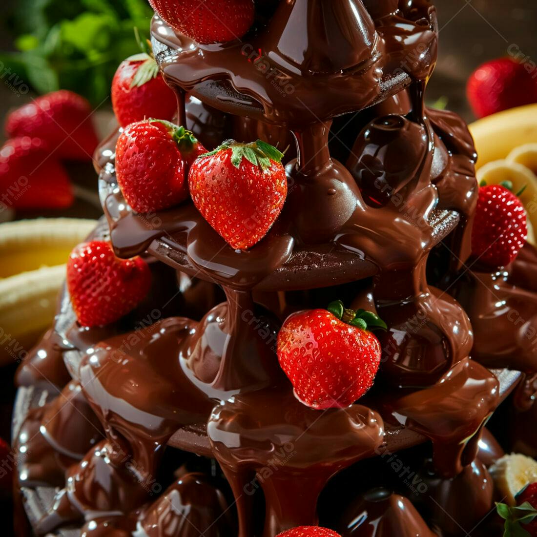 Fonte de chocolate com morangos e bananas