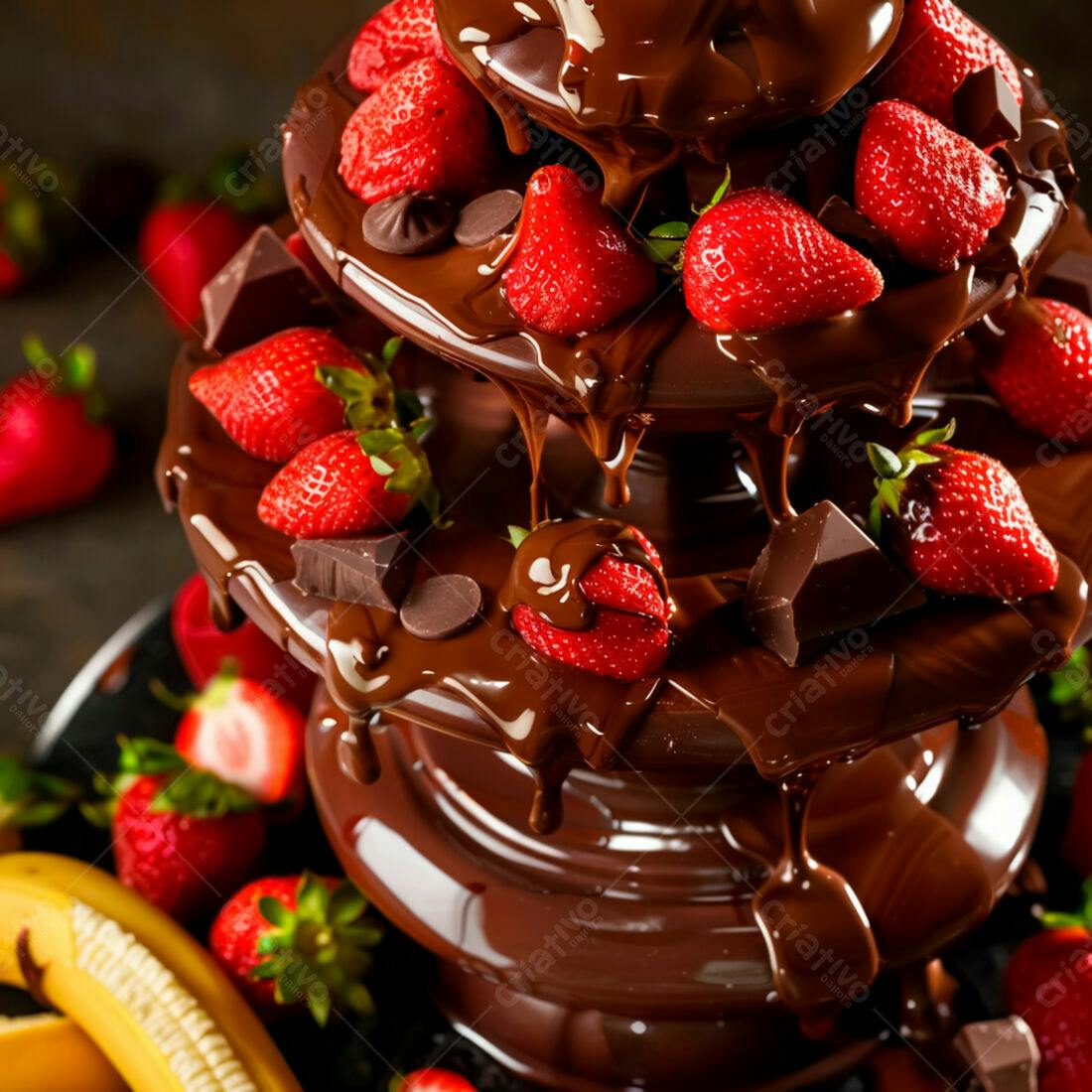 Fonte de chocolate com morangos e pedaços de chocolate