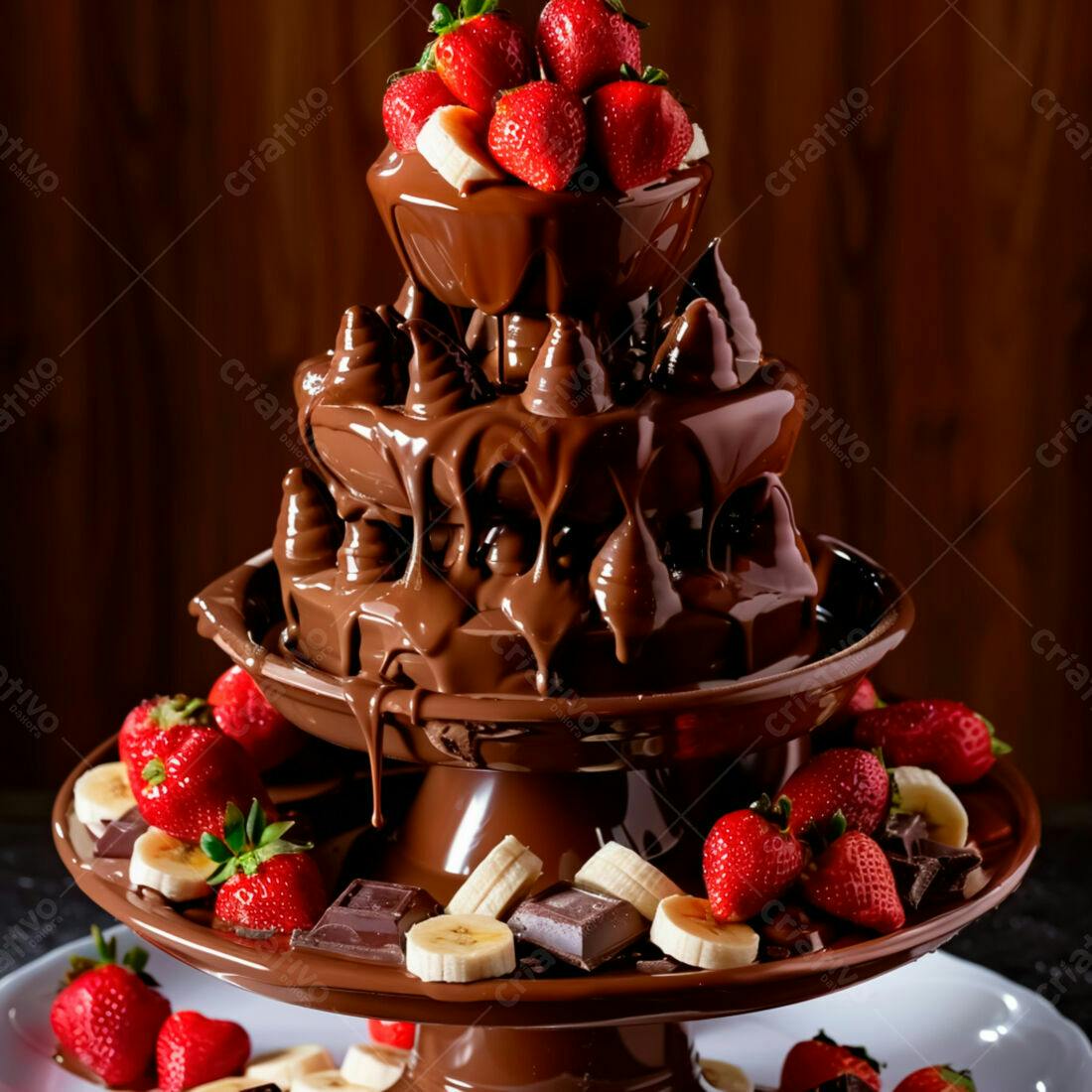 Fonte de chocolate com morangos e bananas