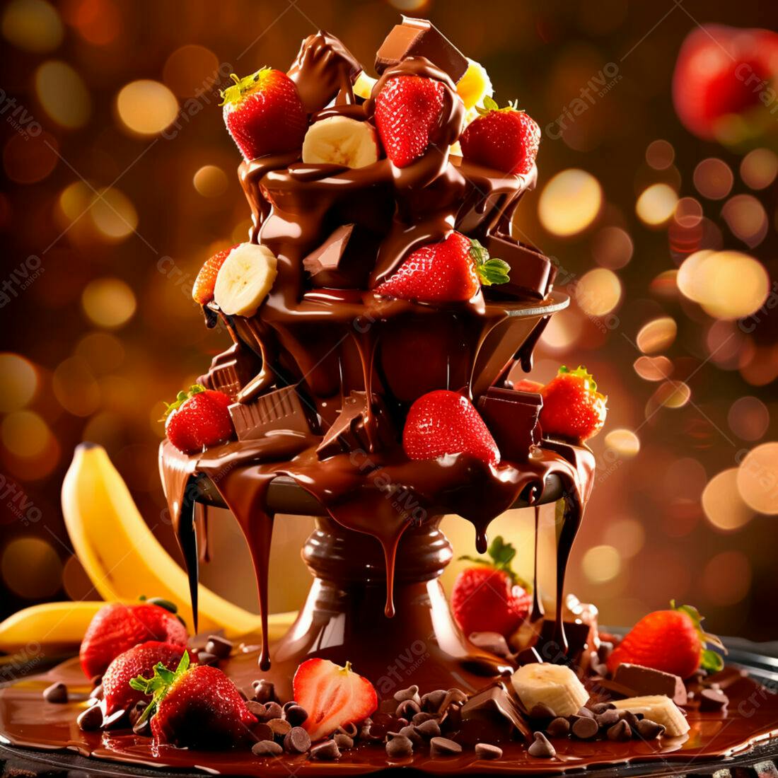Fonte de chocolate com morangos e bananas