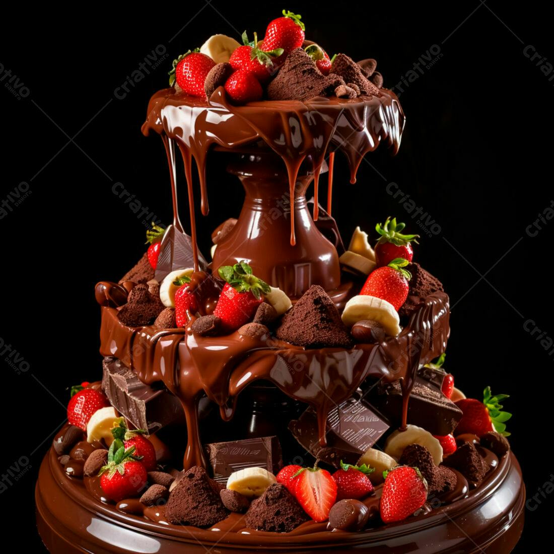 Fonte de chocolate com morangos e bananas