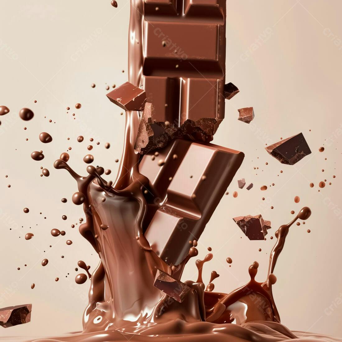 Barra de chocolate caindo em chocolate líquido