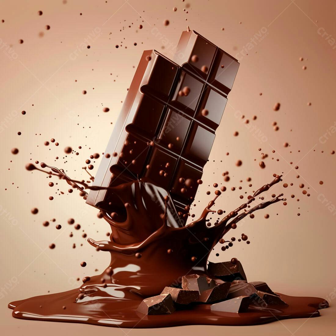 Barra de chocolate caindo em chocolate derretido