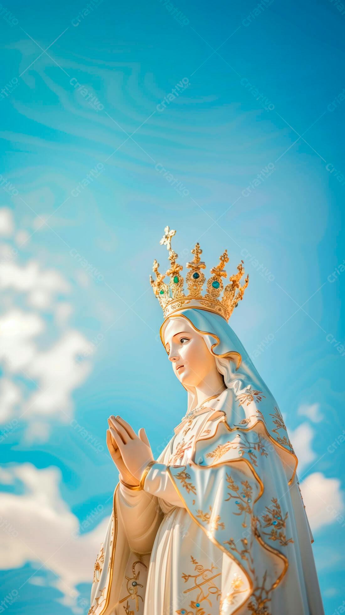 Estátua de Nossa Senhora com coroa dourada e céu azul