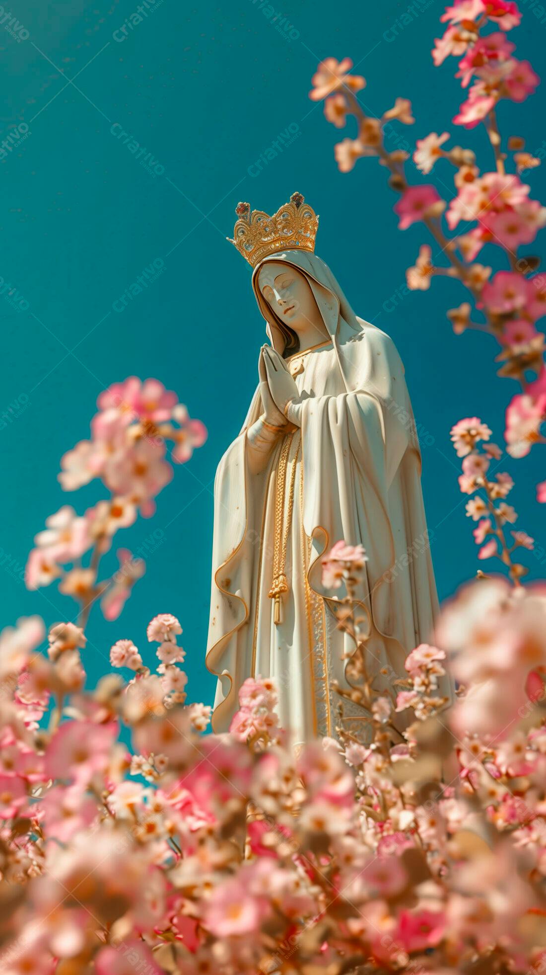 Estátua de Nossa Senhora entre flores rosadas