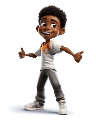 Personagem animado em 3d de um menino bonito mostrando os p
