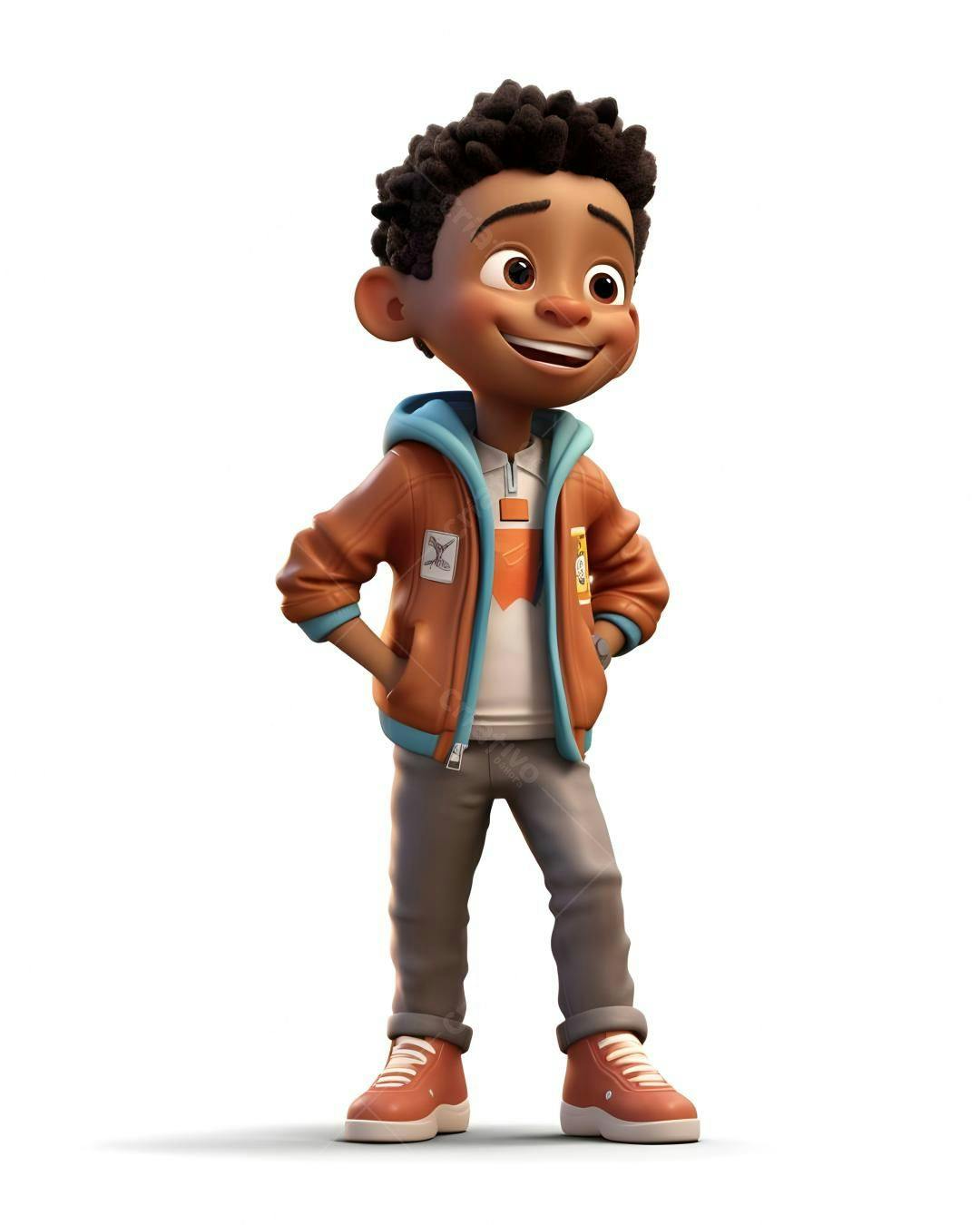 Menino negro sorridente em jaqueta marrom