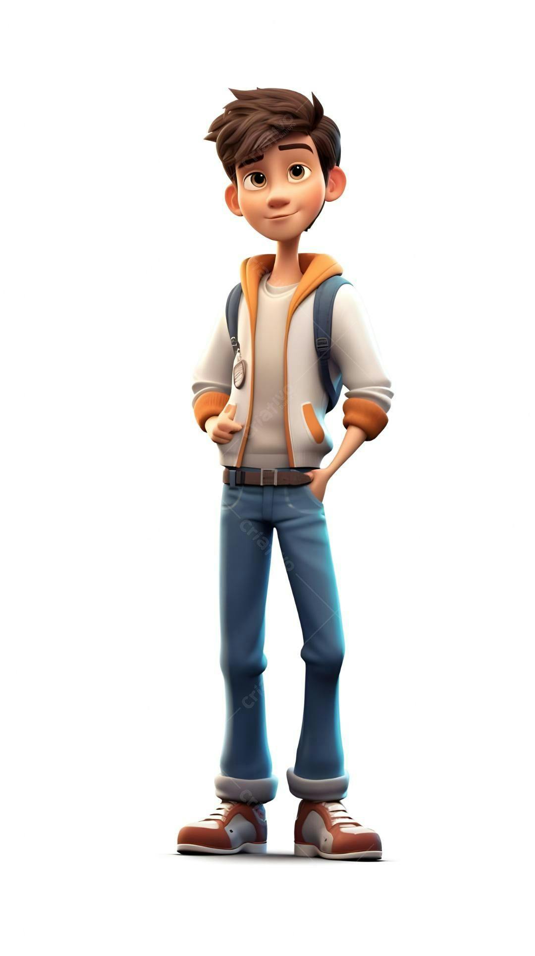 Menino animado estilo cartoon vestindo jeans e jaqueta