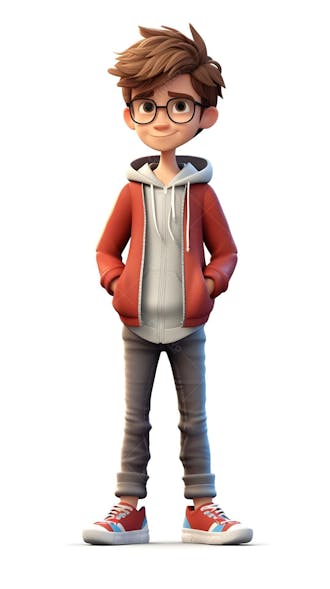Personagem animado em 3d de um menino bonito com capuz