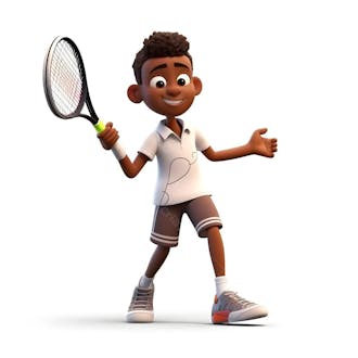 Personagem animado em 3d de um garotinho jogando tênis