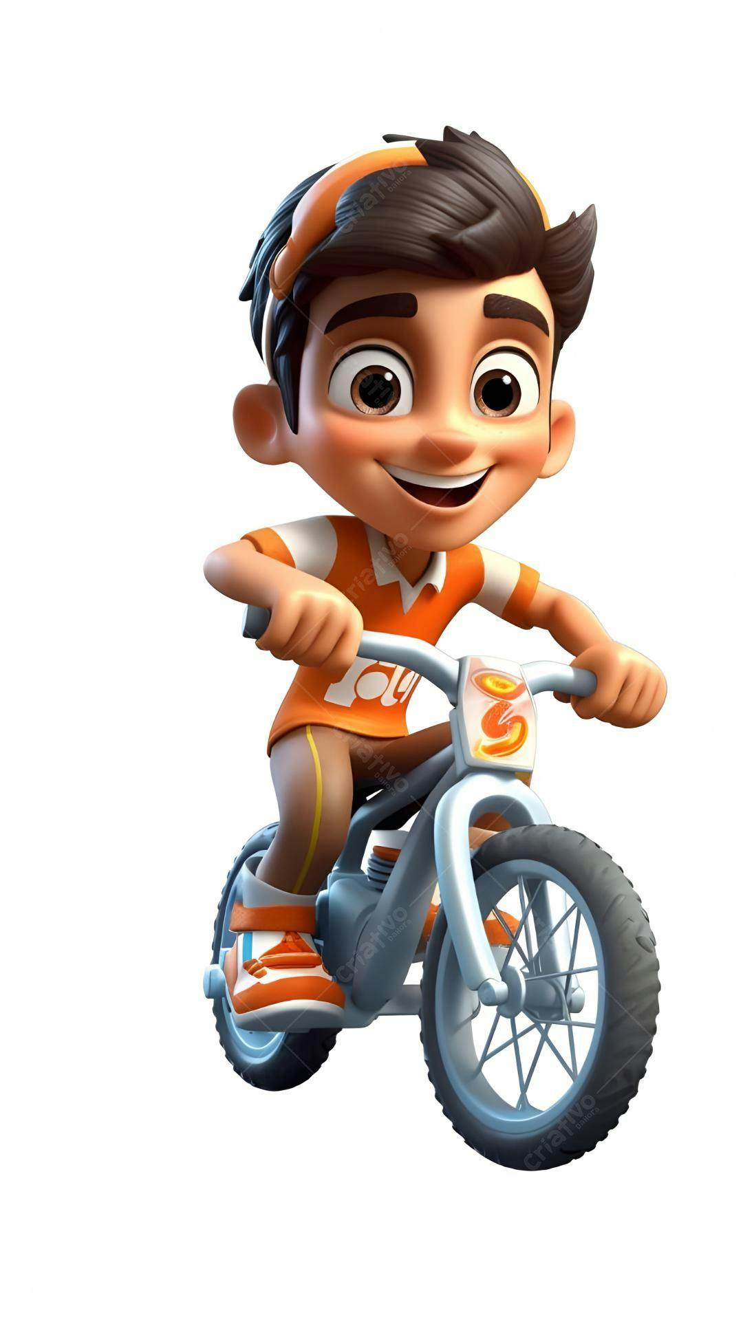 Menino feliz pedalando bicicleta laranja