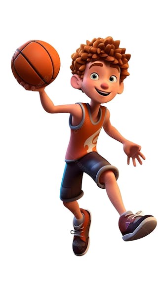 Personagem de desenho animado 3d de menino jogando basquete