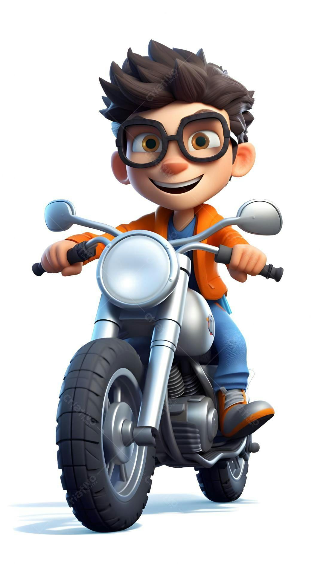 Menino feliz em moto estilo cartoon