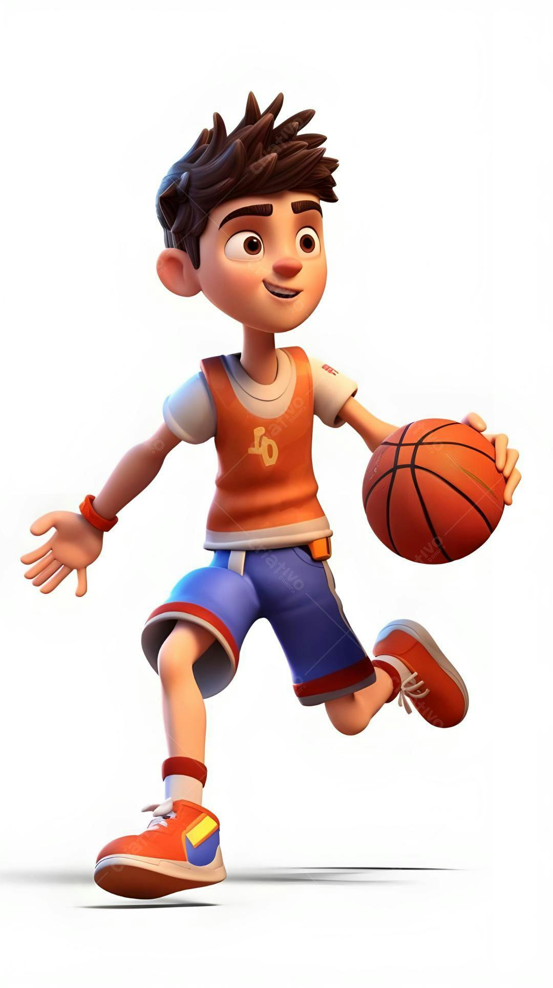 Menino animado driblando bola de basquete
