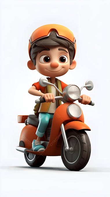 Personagem de desenho animado 3d de criança andando de scoot moto