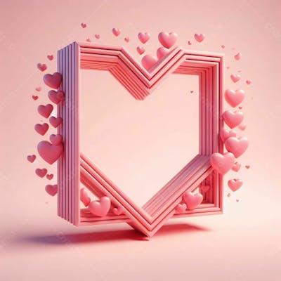 Moldura De Um Coração 3D, Na Cor Rosa, Bordas Rodeadas De Coraçoes