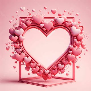 Moldura de um coração 3d, na cor rosa, bordas rodeadas de coraçoes v.1