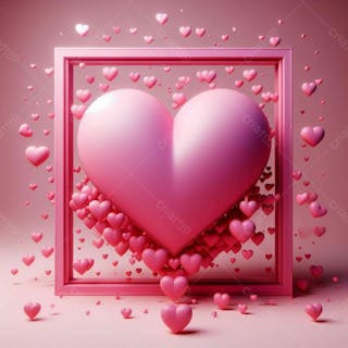 Moldura de um coração 3d, na cor rosa, bordas rodeadas de coraçoes v.2