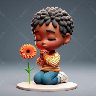 Composição 3d no estilo cartoon, de uma criança, afro orando, perto de uma flor gerbera em tema ao maio laranja