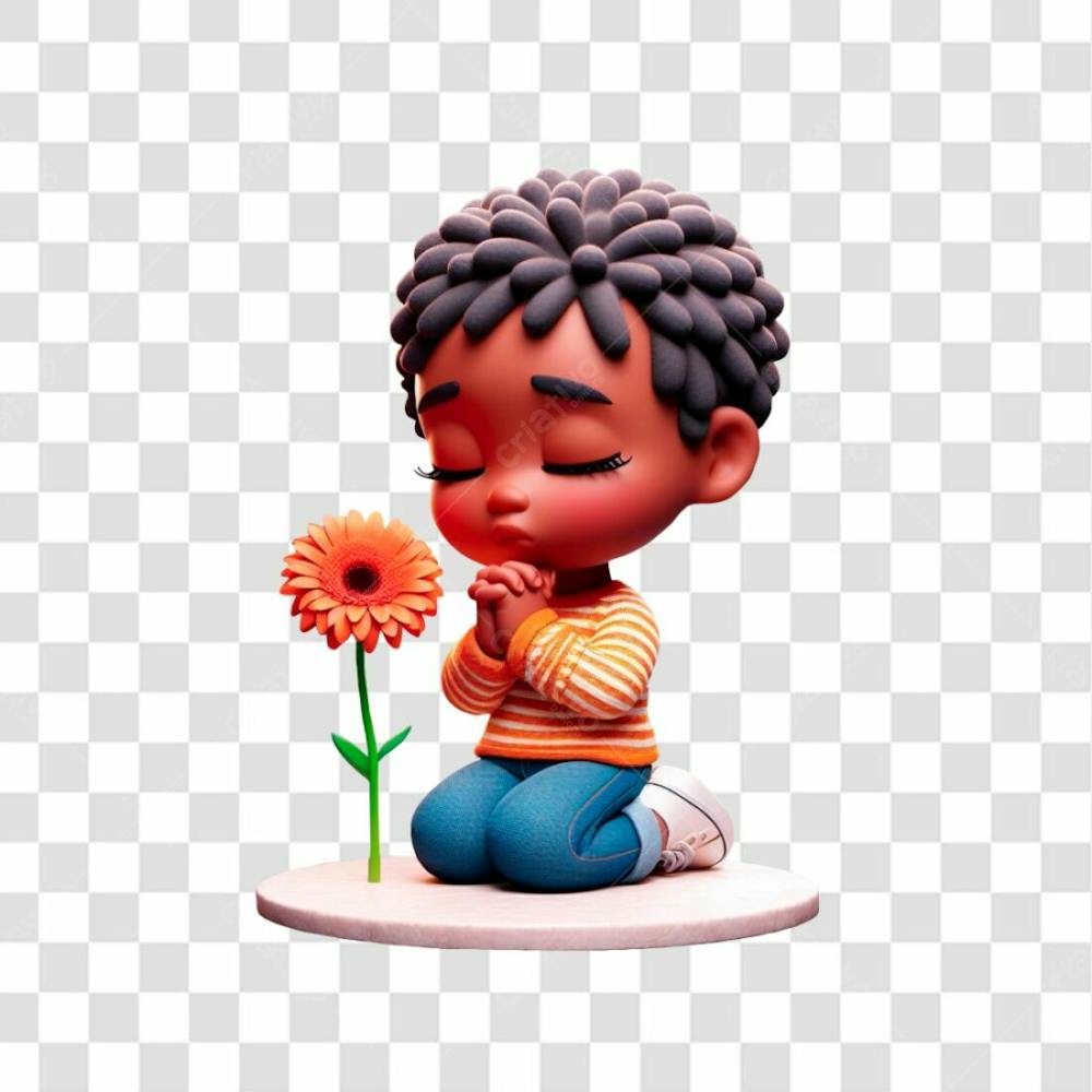 Composição 3D No Estilo Cartoon De Uma Criança, Afro Orando Perto De Uma Flor Gerbera Em Tema Ao Maio Laranja