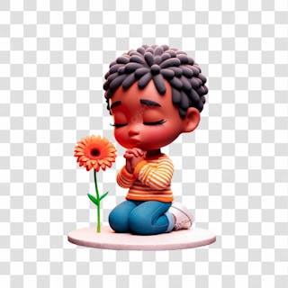 Composição 3d no estilo cartoon de uma criança, afro orando perto de uma flor gerbera em tema ao maio laranja