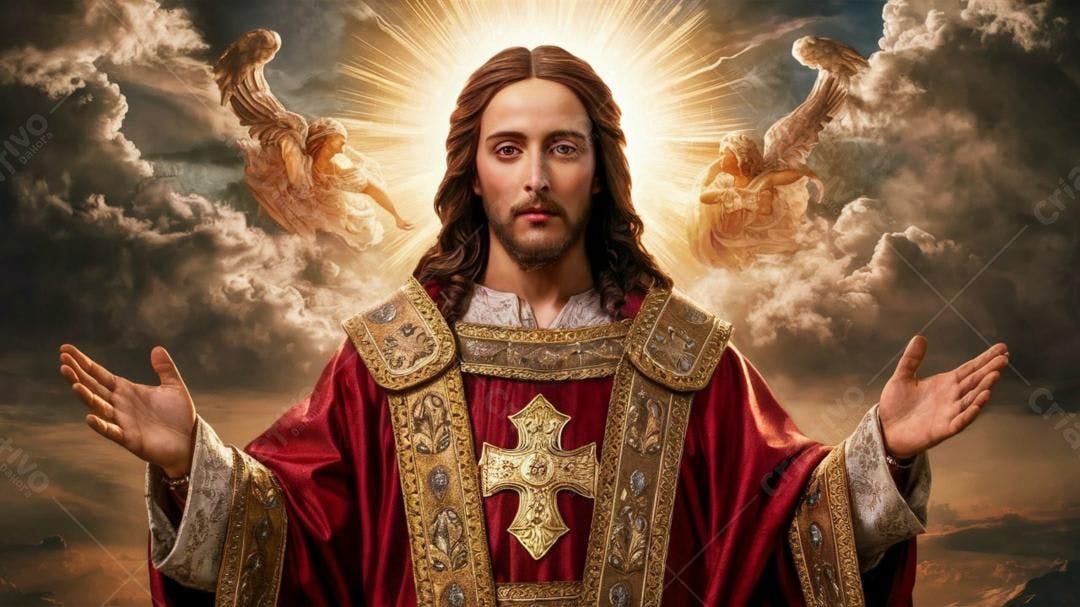 Jesus Cristo braços abertos céu dourado