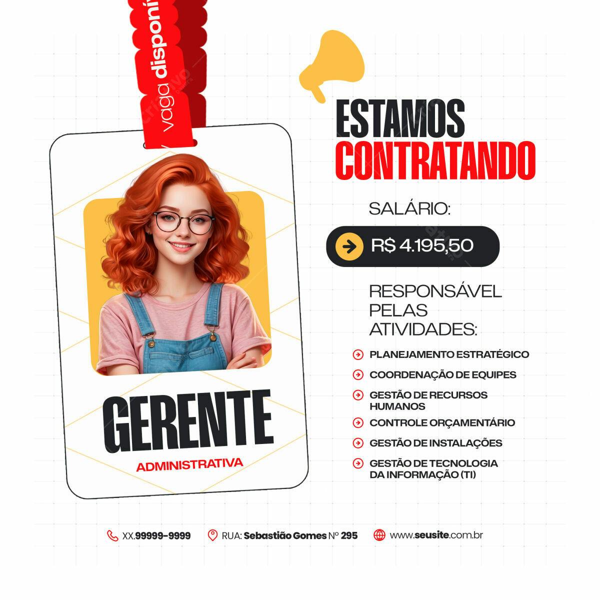 Cartão de Visita para Vaga Gerente Administrativa PSD Editável