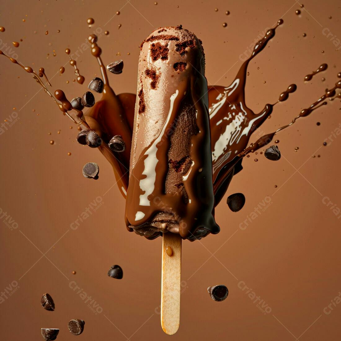 Picolé de chocolate com gotas e calda em explosão