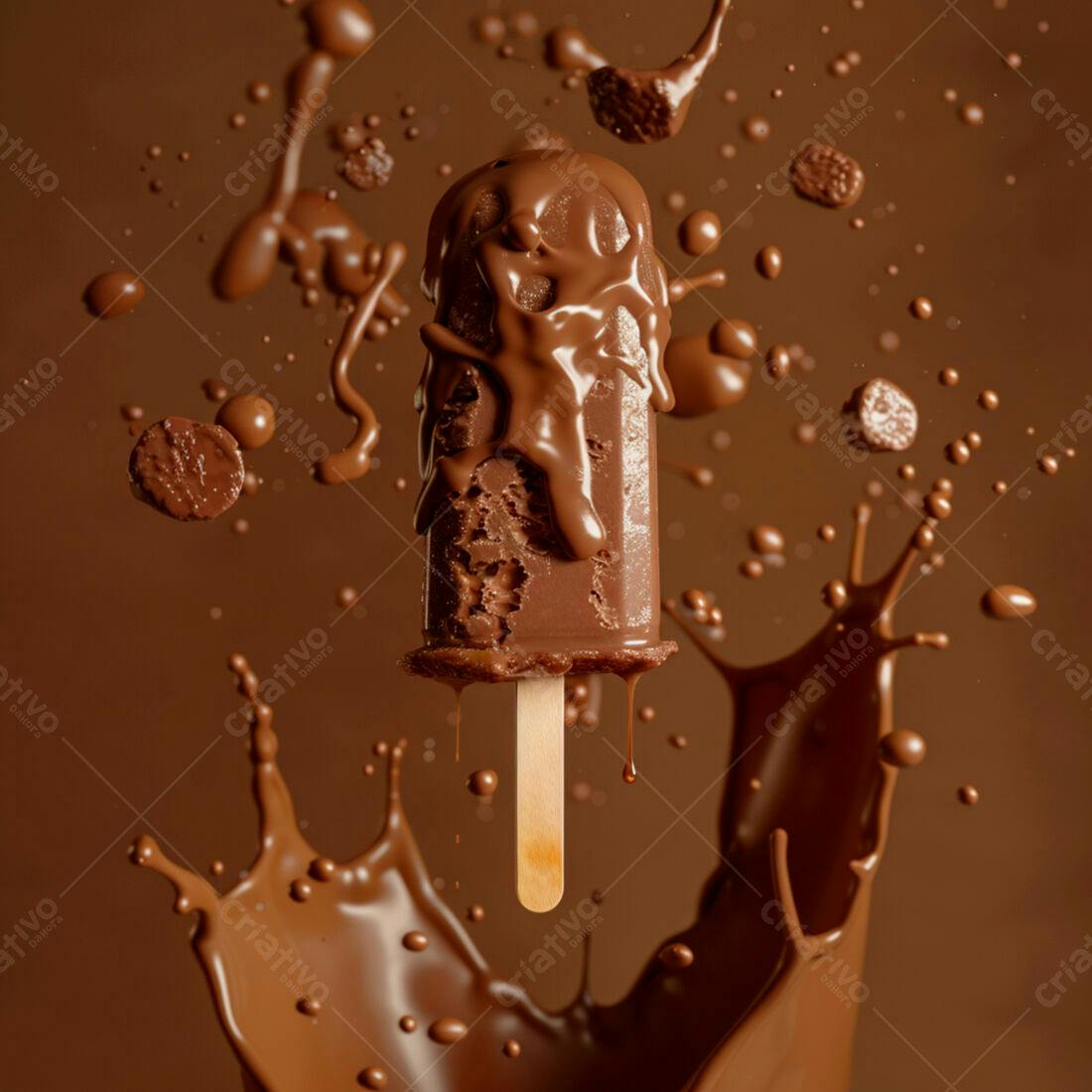 Picolé de chocolate derretido em calda