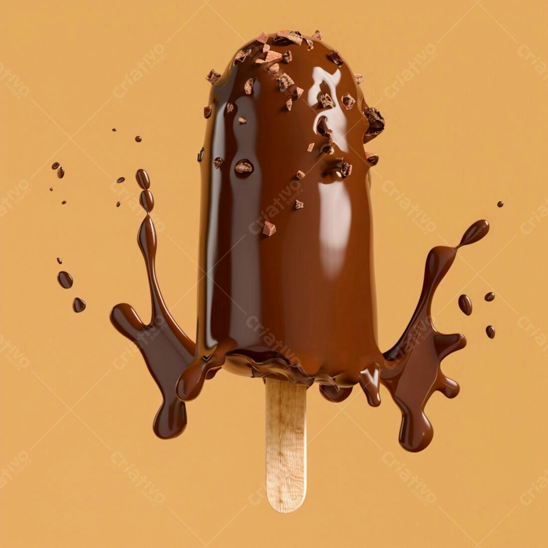 Picolé de chocolate com pedaços de chocolate