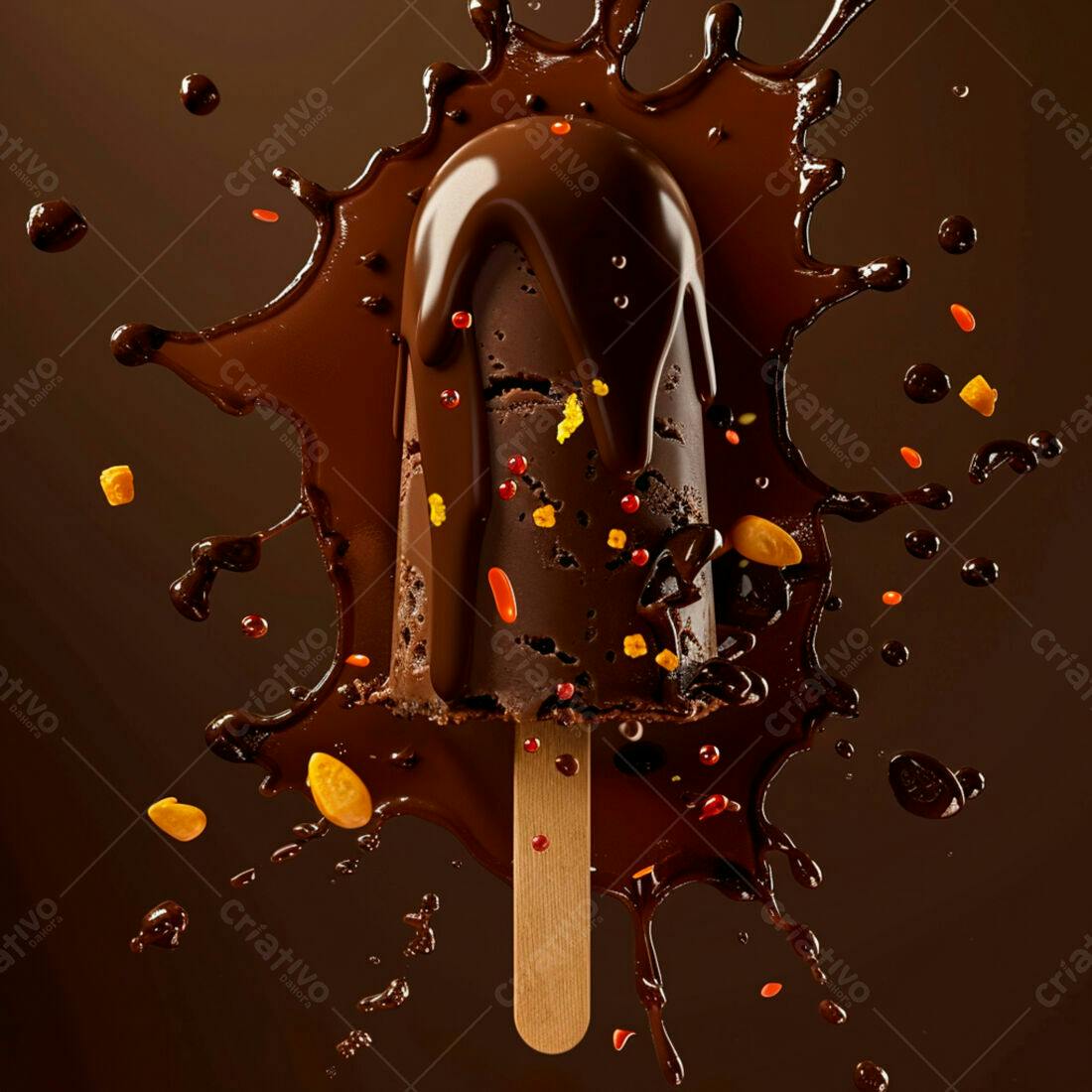 Picolé de chocolate com calda e confeitos