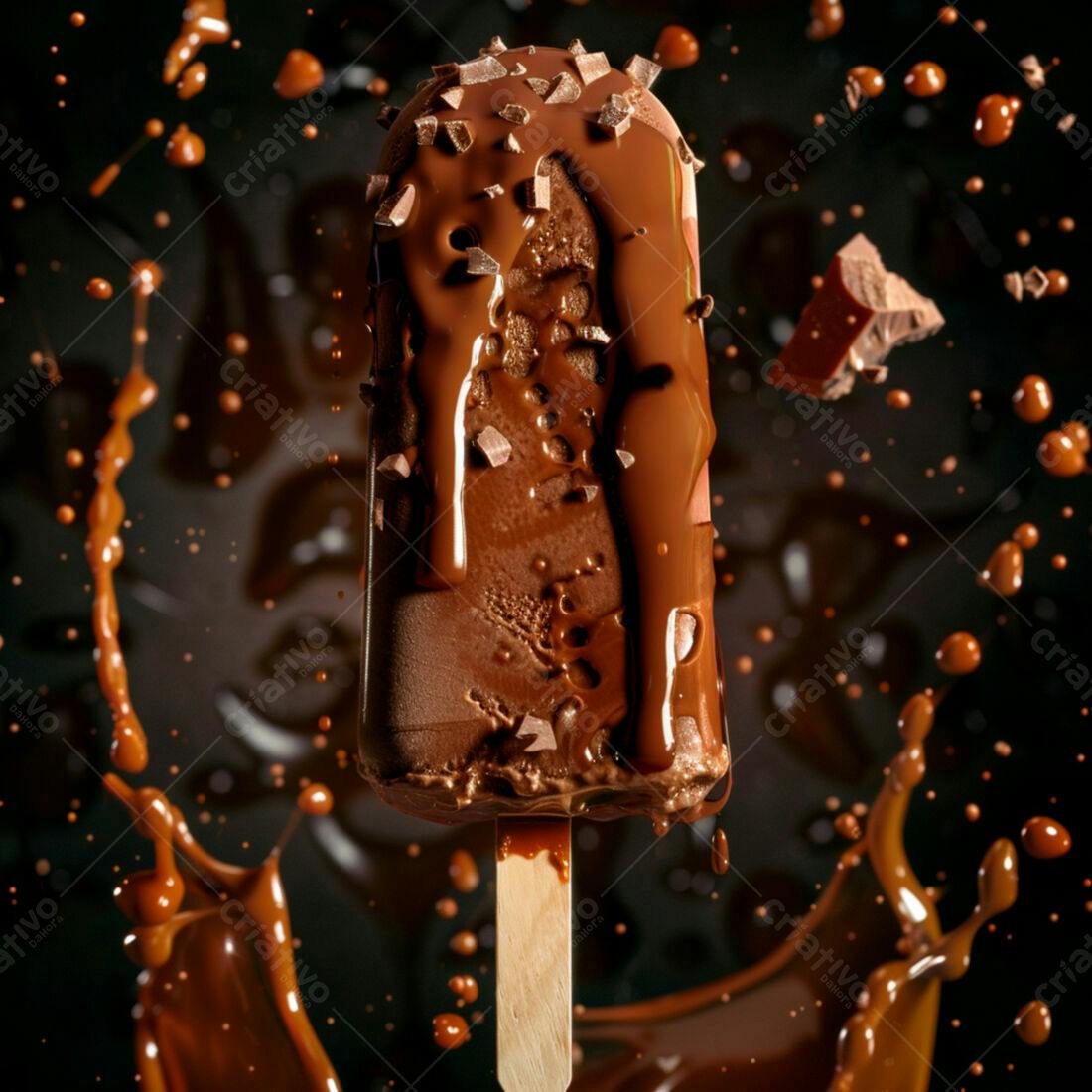 Picolé de chocolate com calda e pedaços